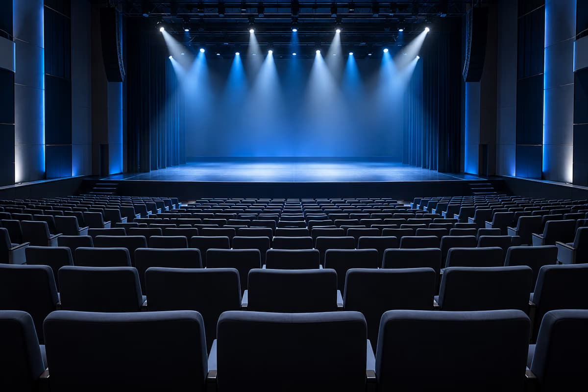 Tukša auditorija ar polsterētu sēdekļu rindām, kas vērstas pret tukšu skatuvi, ko apgaismo zili un balti prožektori.