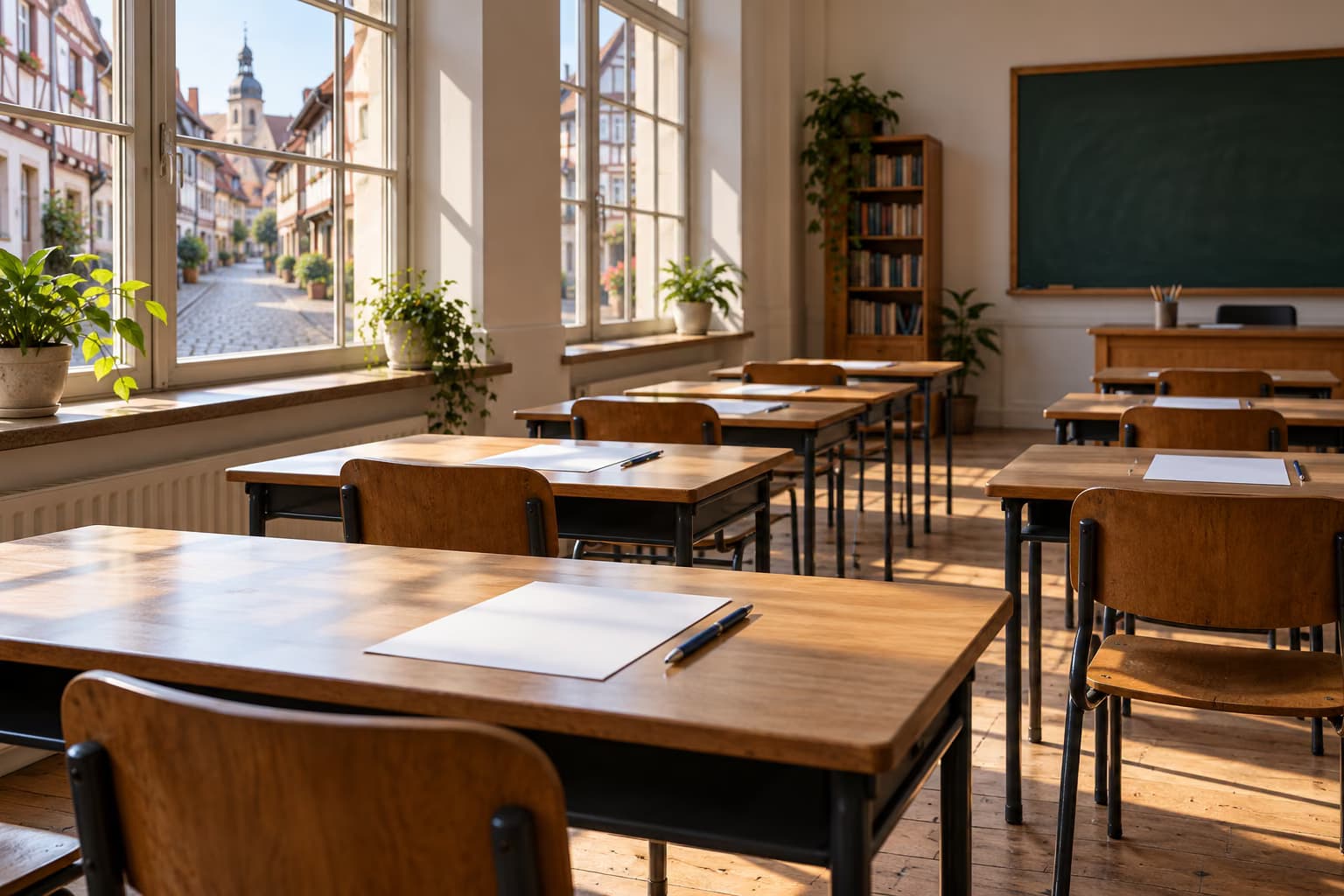Tukša klase ar koka solu galdiem, tīrām papīra lapām un pildspalvām, logi vērsti uz bruģētu ielu ar pildrežģu mājām.