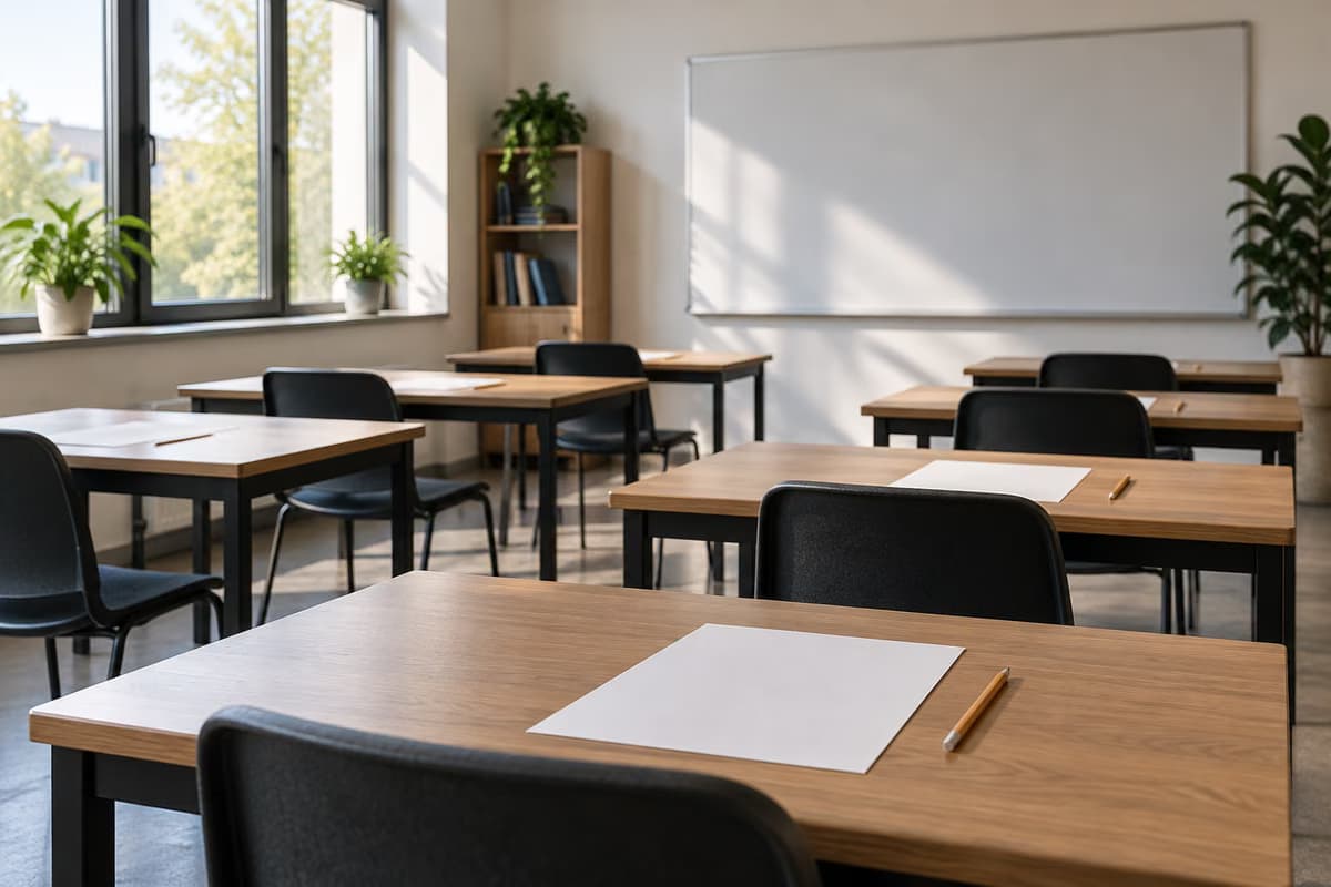 Tukša moderna klase ar koka galdiem, melniem krēsliem, tīrām papīra lapām un zīmuļiem pie tukšas baltās tāfeles.
