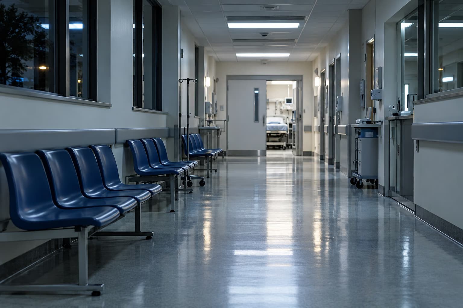 Tukšs slimnīcas gaitenis naktī ar zilu gaidīšanas krēslu rindām gar sienu un atvērtām durvīm uz procedūru telpu gaiteņa galā.