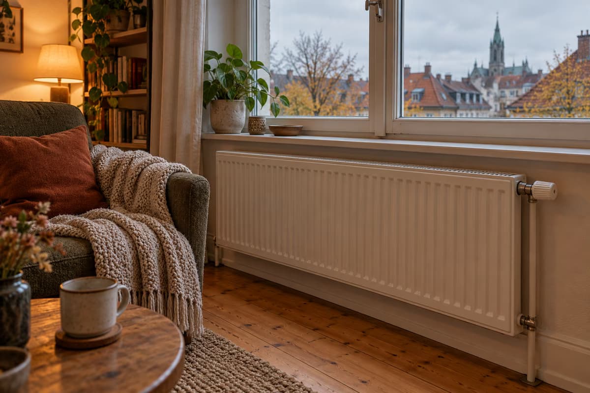 Balts paneļu radiators ar termostata vārstu zem loga omulīgā viesistabā ar atpūtas krēslu, adītu pledu un dakstiņu jumtiem aiz loga.