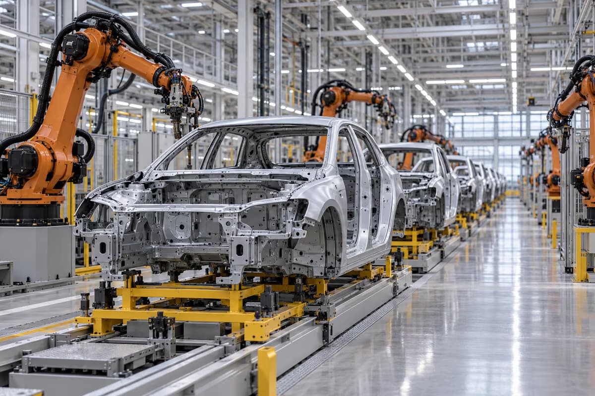 Nekrāsotas automašīnu virsbūves stāv rindā uz montāžas līnijas starp oranžām robotu rokām gaišā rūpnīcas cehā.