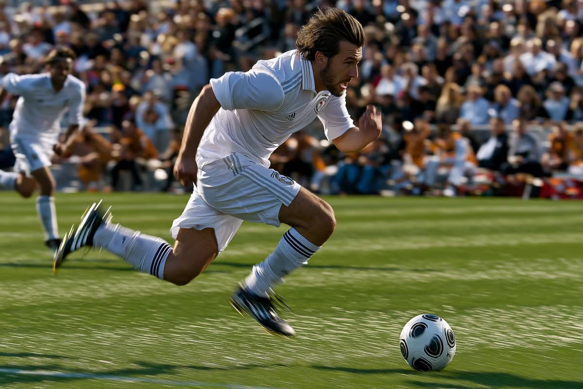 Futbolists sprintē ar bumbu spēles laikā uz zaļa laukuma.