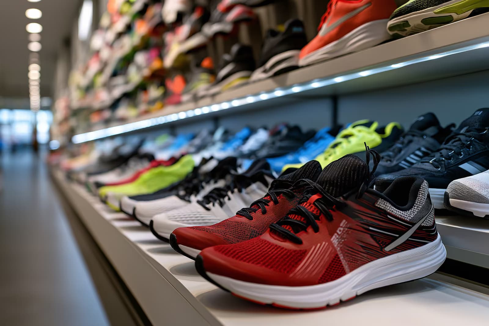 Skriešanas apavi un sporta apģērbs, kas izstādīti gaišā, modernā sporta apģērbu veikalā.