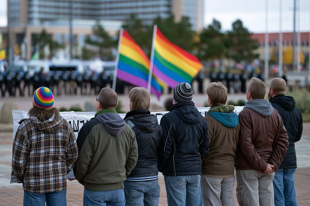 Kontrdemonstranti ar plakātiem un varavīksnes karogiem Magdeburgas laukumā, fonā izplūdusi policijas līnija.