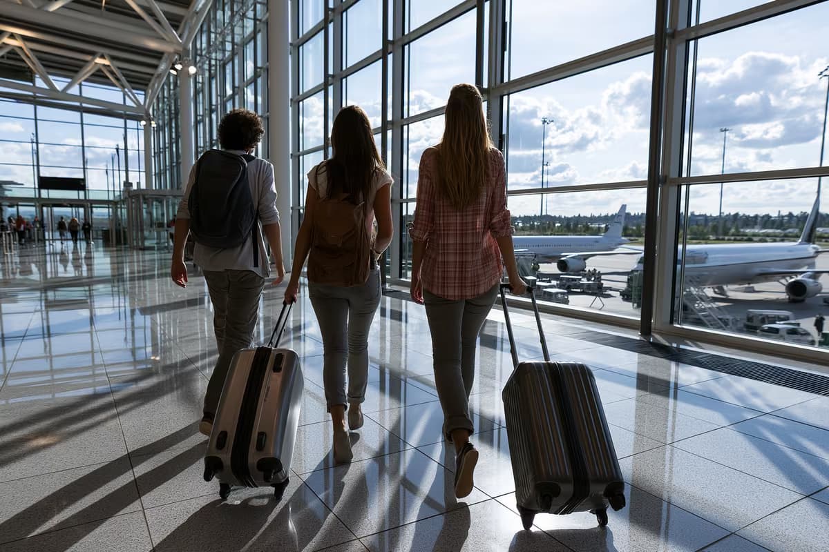Ceļotāji pastaigājas pa gaišu, modernu lidostas termināli ar lieliem logiem.