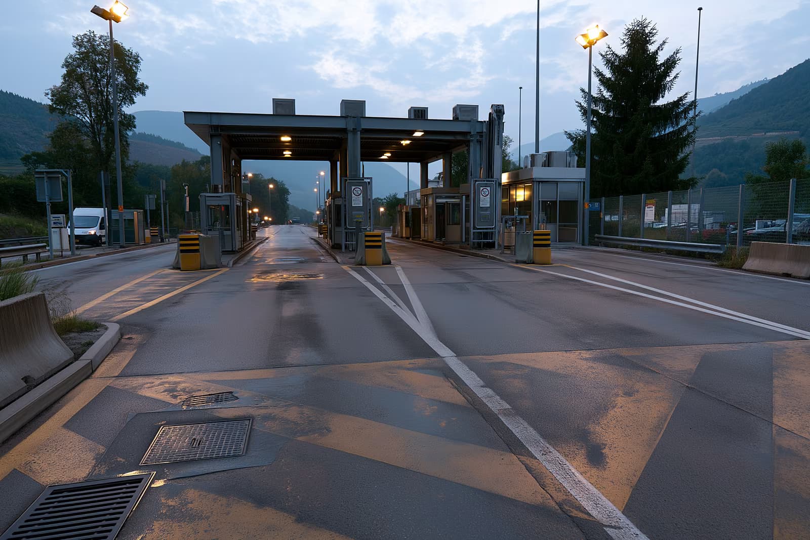Kluss automaģistrāles robežpunkts uz Vācijas un Austrijas robežas ar joslu marķējumu un tukšu pārbaudes būdiņu rītausmā.