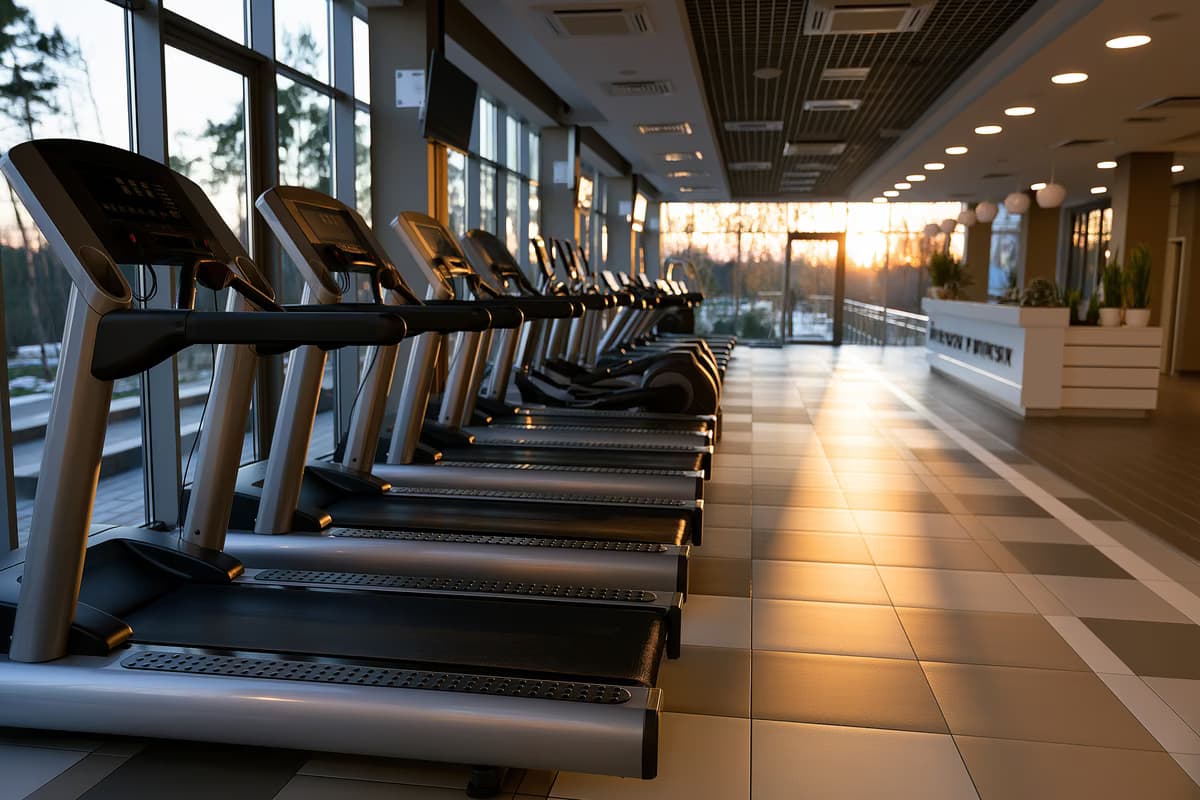 Tukšu skrejceliņu rindas modernā sporta zālē krēslā, fonā izplūdis biedru reģistrācijas galds
