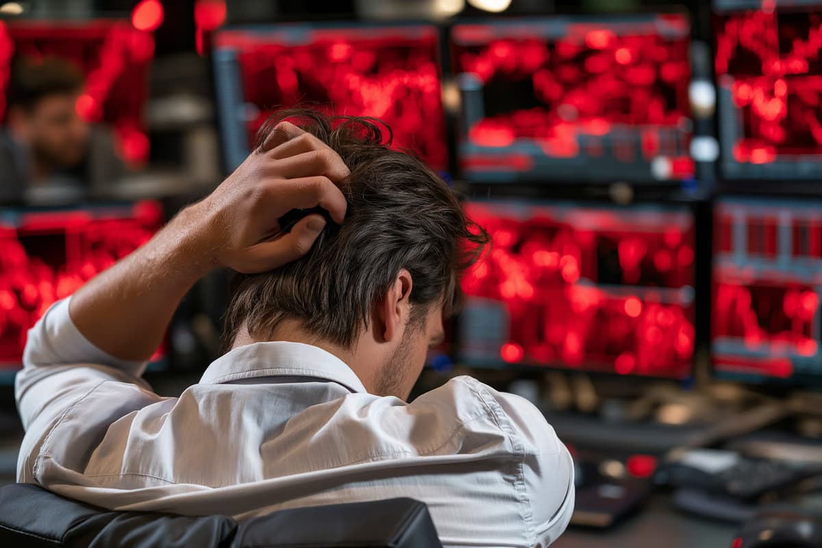 Privāts investors Vācijā pārskata ETF uzkrājumu plānu klēpjdatorā, kamēr tirgus diagrammas rāda krītošas ​​cenas.