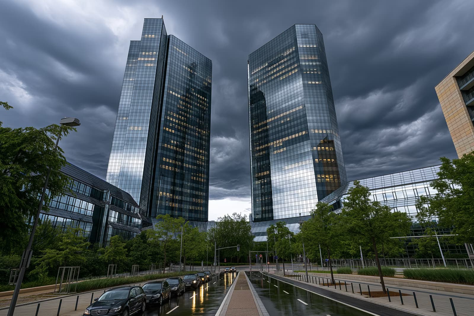 Frankfurtes bankas galvenās mītnes dvīņu stikla torņi paceļas zem tumšiem mākoņiem pēc Deutsche Bank reida.