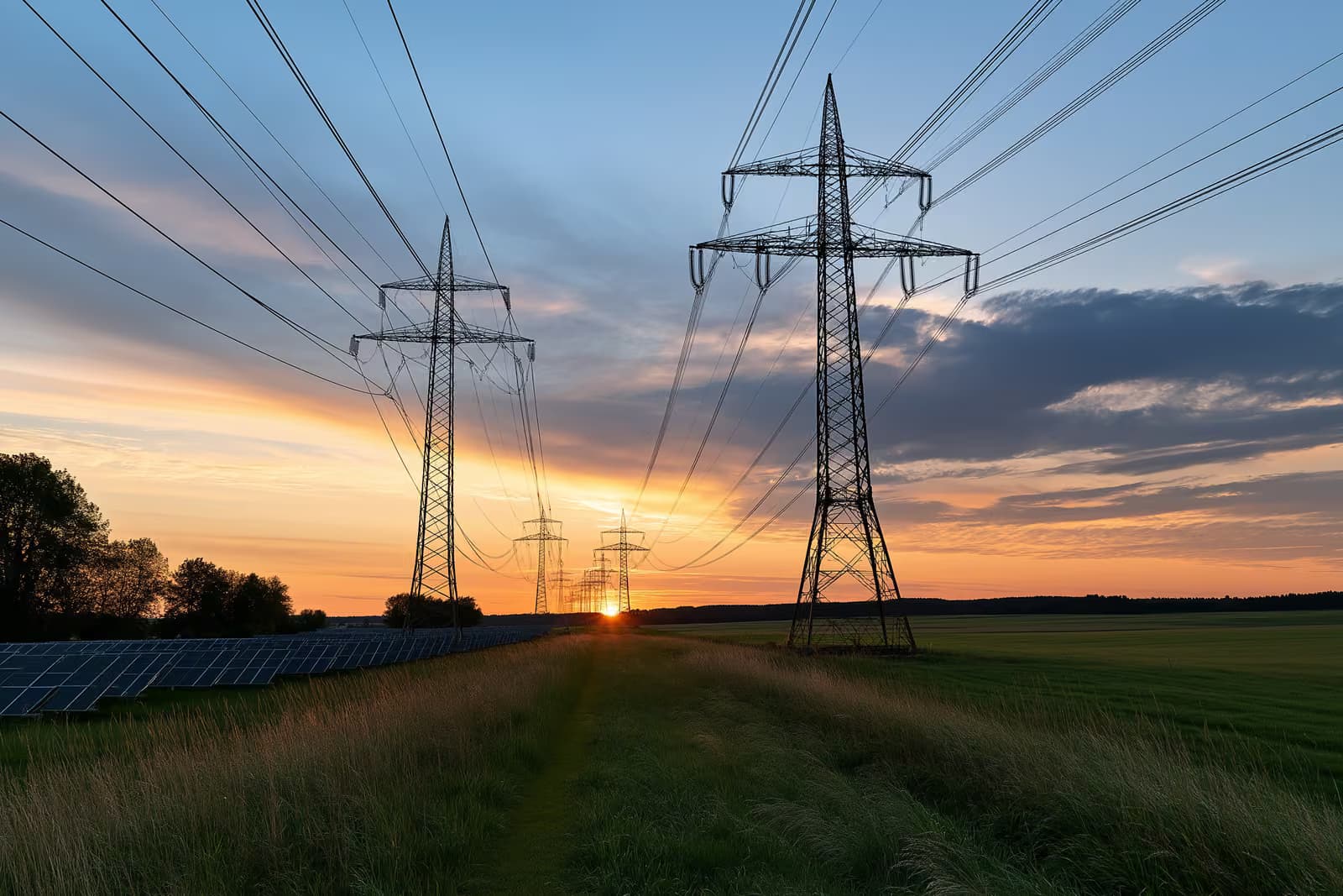Augstsprieguma elektrības stabu rinda, kas šķērso atklātu lauku teritoriju.