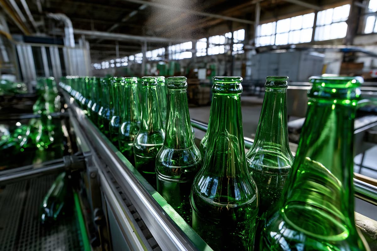 Tukšu, zaļu alus pudeļu rindas stāv uz apstādinātas konveijera līnijas blāvā pudeļu pildīšanas zālē.