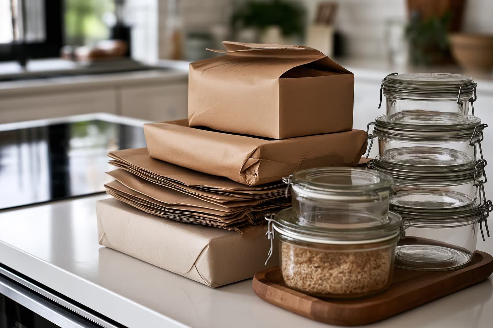 Lielveikala plaukts ar pārtiku, kas ietīta papīra un plastmasas iepakojumā, Vācijas pārtikas veikalā.