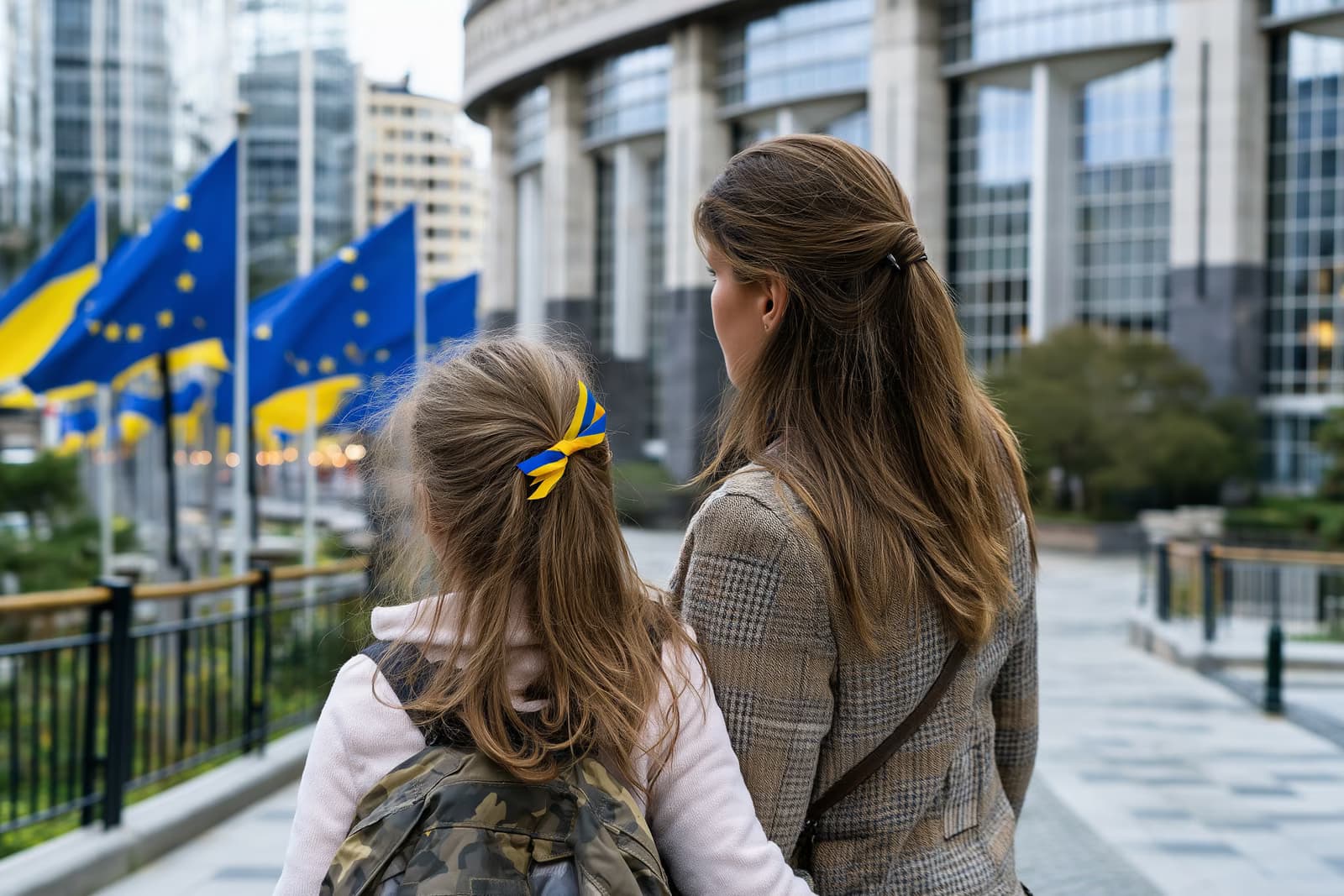 Ukrainas māte un meita skatās uz ES karogiem pie Eiropas iestāžu ēkas pēc Ukrainas pagaidu aizsardzības pagarināšanas
