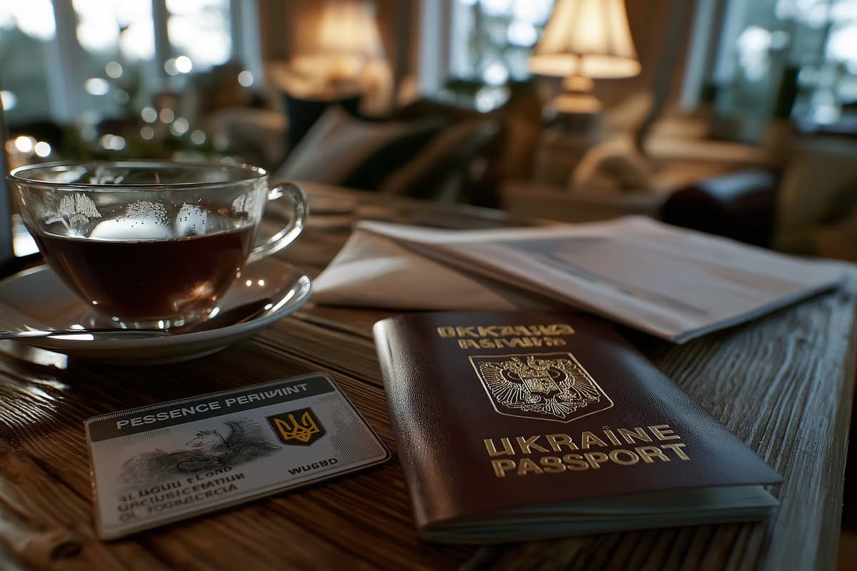 Uzturēšanās atļaujas karte un Ukrainas pase atrodas blakus uz galda vācu mājā.
