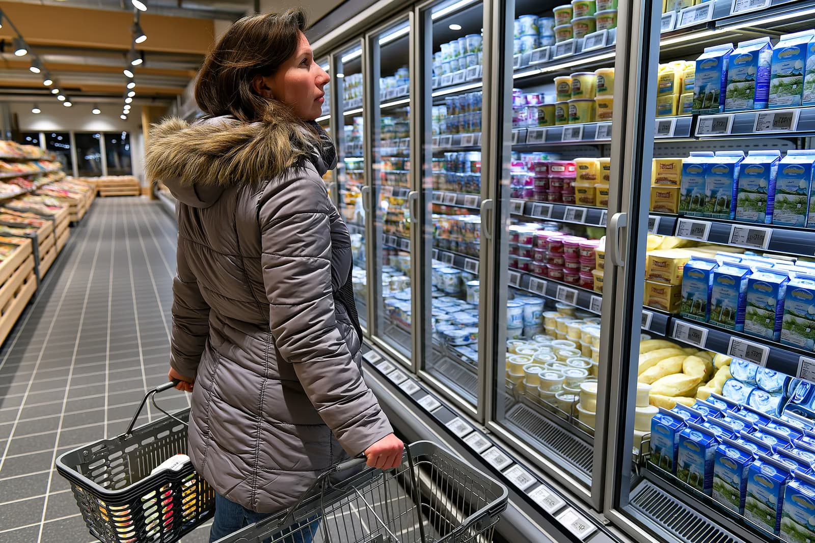 Pircējs salīdzina pārtikas cenas lielveikalu plauktos Vācijā, turot čeku piena produktu un olu priekšā.