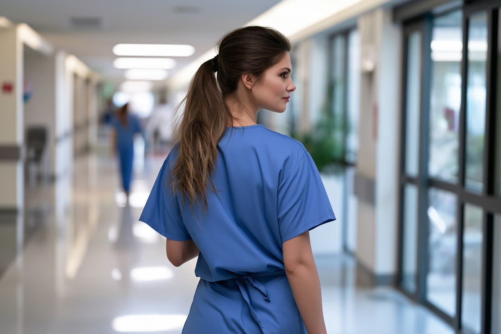 Medicīnas speciālists vienkāršā medicīnas tērpā stāv gaišā slimnīcas koridorā.