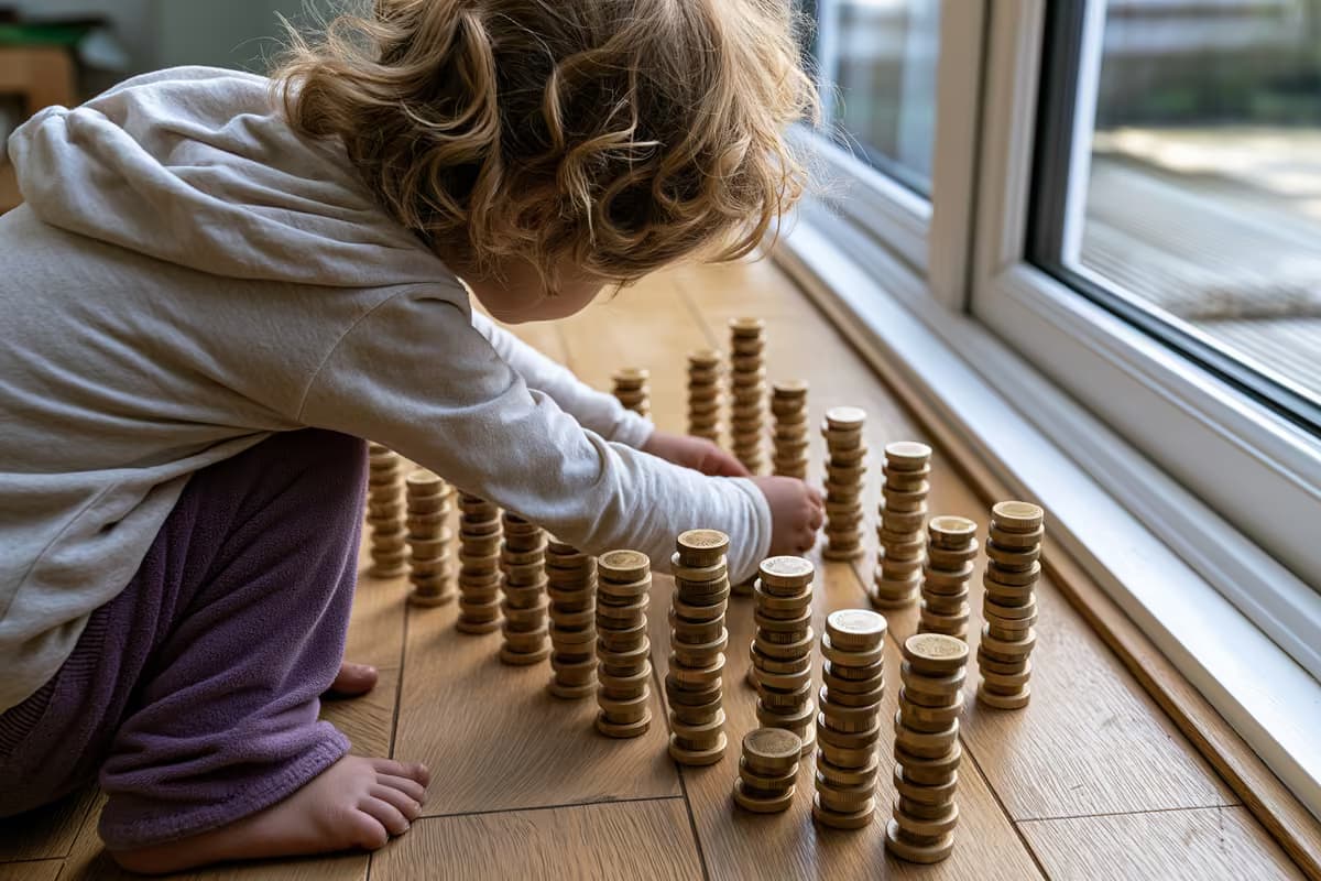 Cūciņa banka blakus nelielai eiro monētu kaudzītei uz koka galda