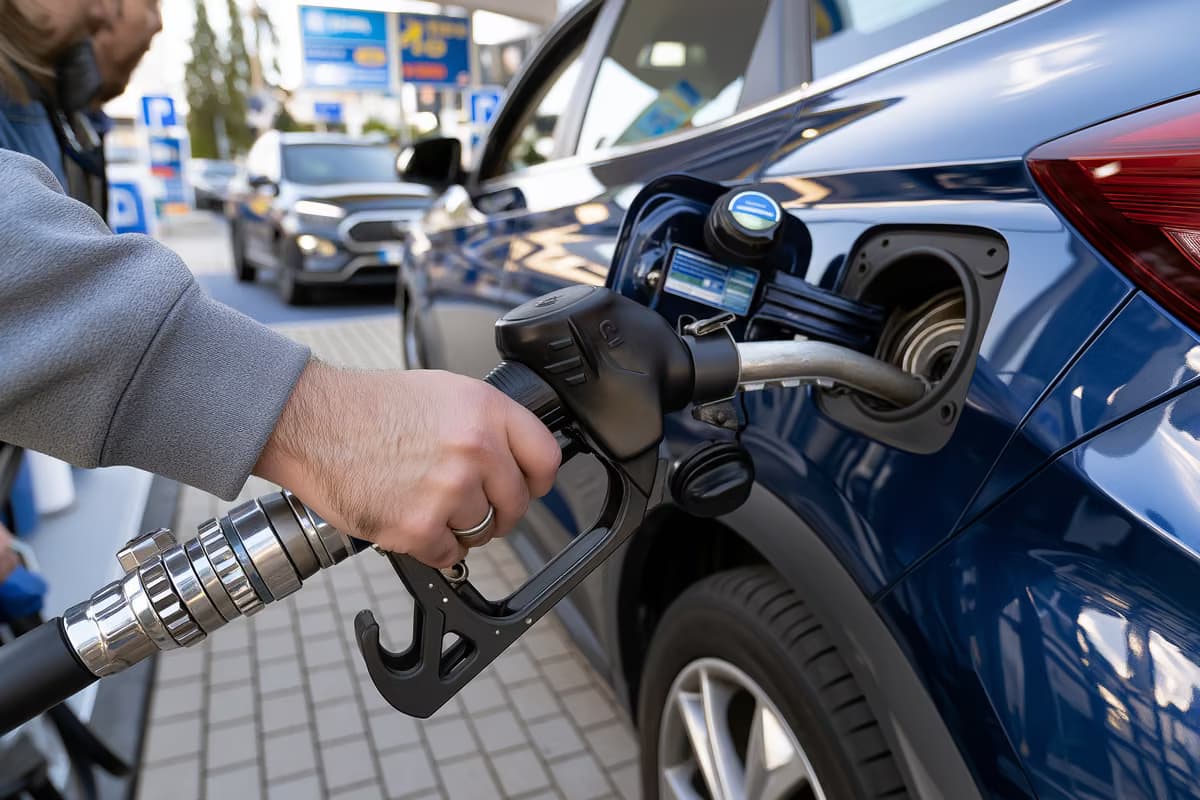 Vadītājs, turot degvielas uzpildes pistoli, uzpilda automašīnu stacijā.