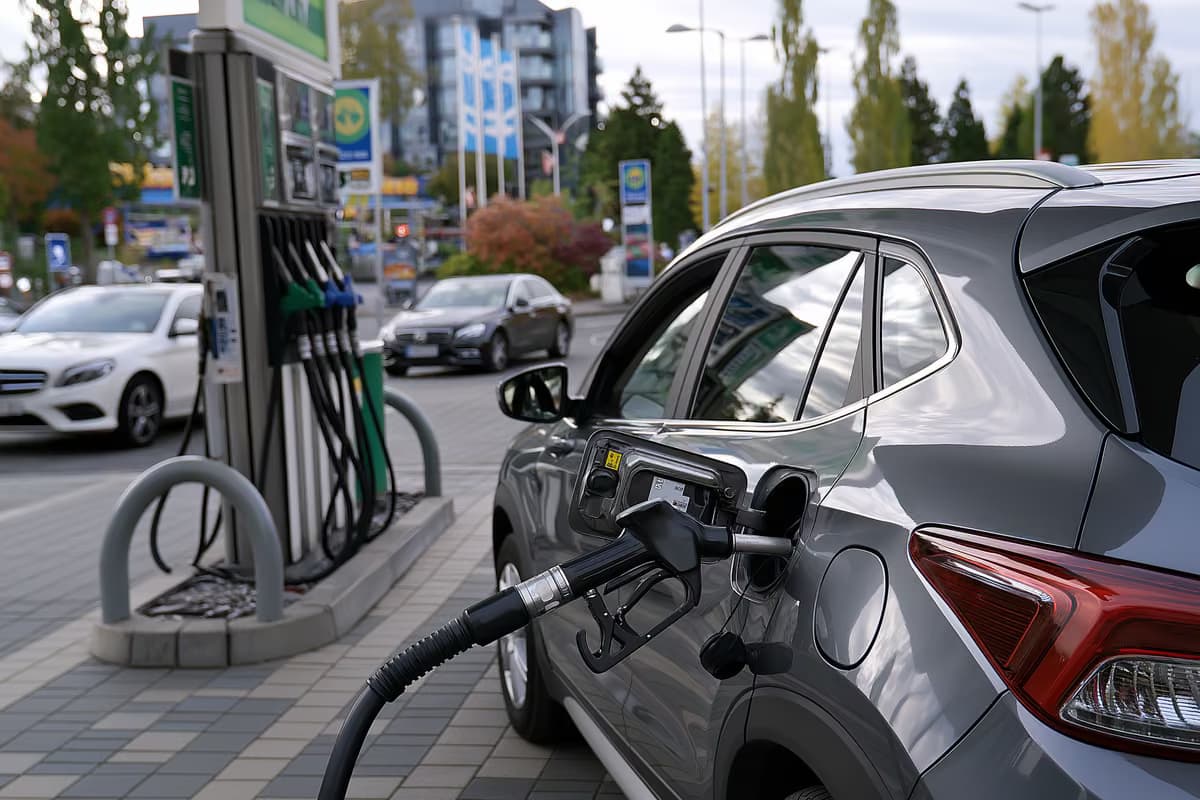 Degvielas sūkņa uzgalis, kas novietots automašīnā Vācijas degvielas uzpildes stacijā apmācies dienā.