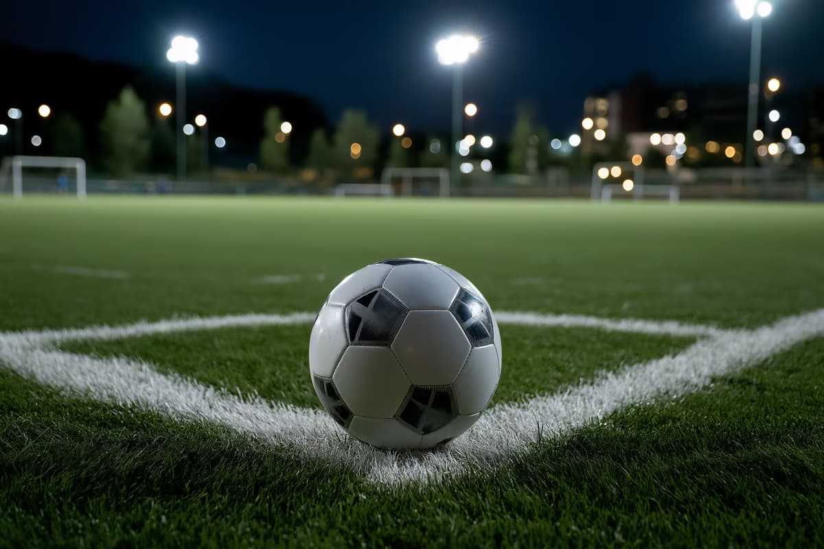 Vientuļa futbola bumba atpūšas apgaismota laukuma soda laukumā.