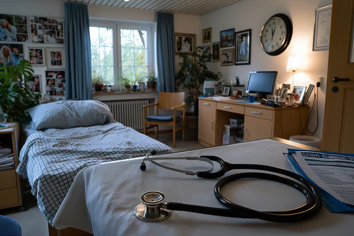 Lauku vācu ciemata iela ar nelielu medicīnas prakses zīmi