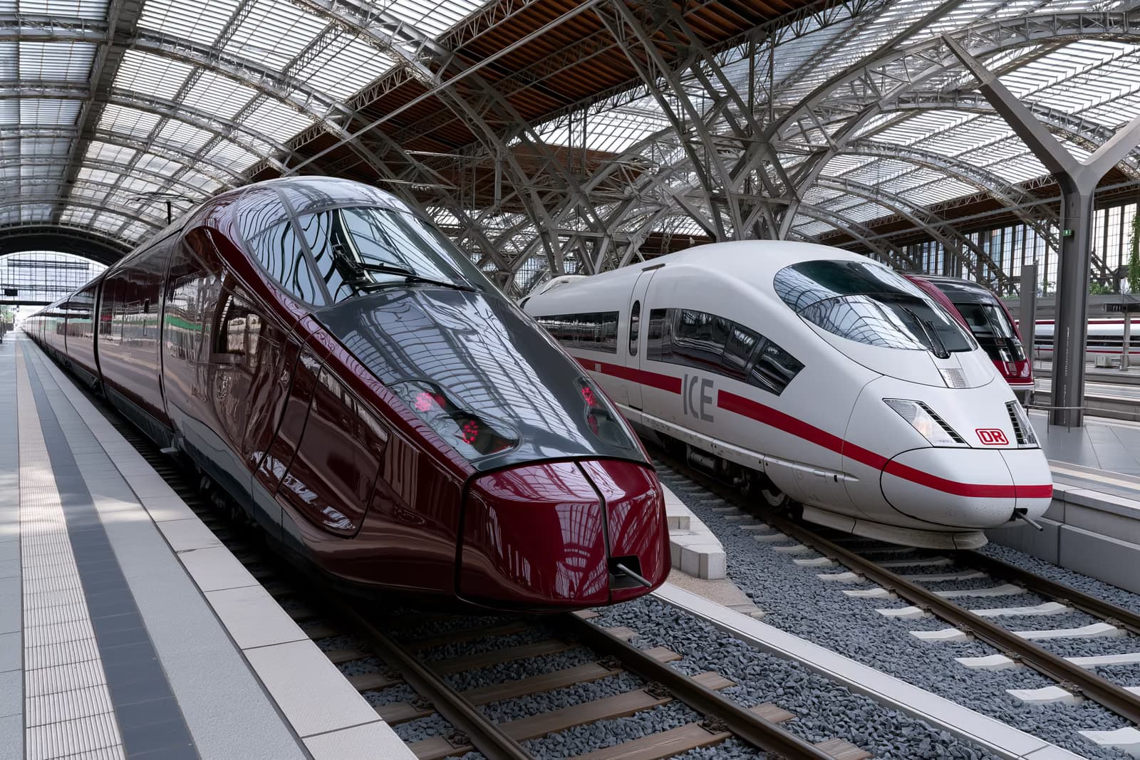 Tumši sarkans ātrgaitas vilciens blakus baltam ICE uz paralēlām sliedēm Vācijas stacijas zālē, kas simbolizē Italo izaicinājumu Deutsche Bahn.