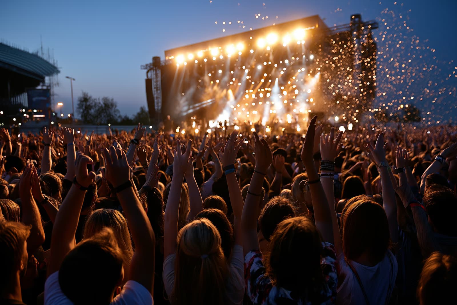Milzīgs festivāla pūlis ar paceltām rokām naktī pie mirdzošas galvenās skatuves Lollapalooza Berlīnē Olimpiskajā parkā.
