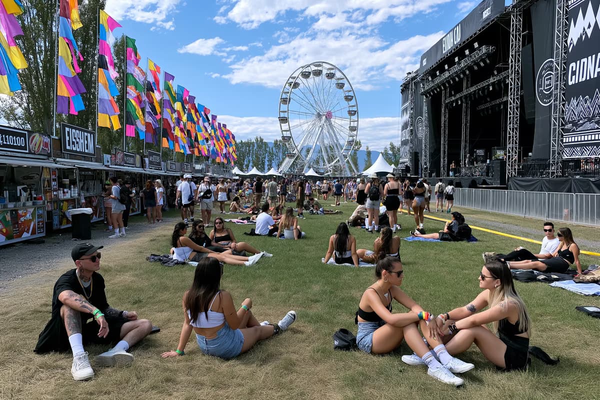 Festivāla norises vieta Lollapalooza Berlīnē dienā ar krāsainiem karogiem, ēdienu stendiem un apmeklētājiem, kas atpūšas uz zāles.