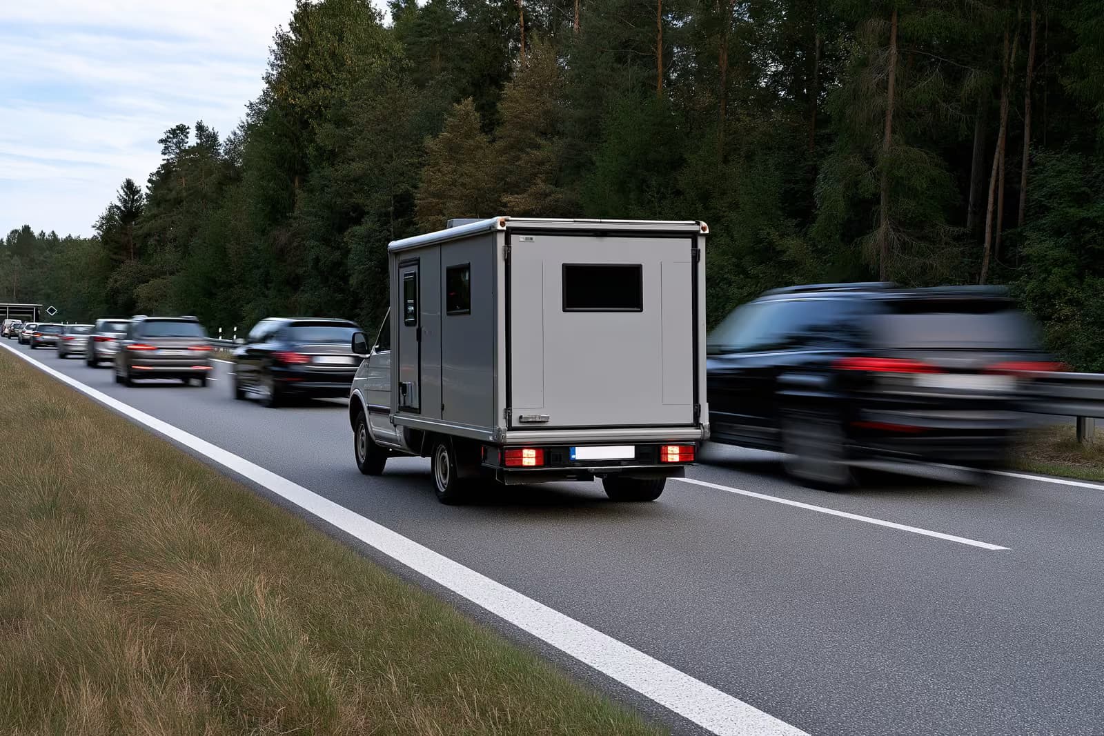 Mobila ātruma kamera, kas novietota ceļa malā netālu no skolas zonas kādā Vācijas pilsētā.
