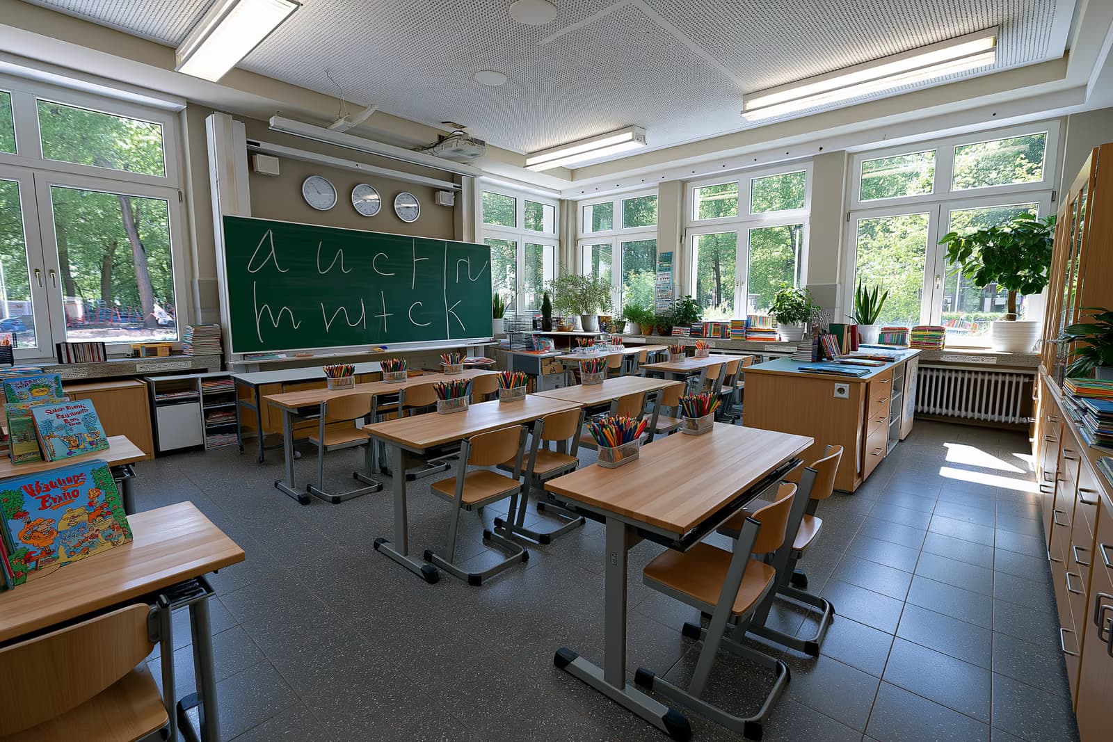 Spilgta sākumskolas klase ar burtu formām uz zaļas tāfeles, gatava jaunajām ABC valodas stundām Ziemeļreinā-Vestfālenē.