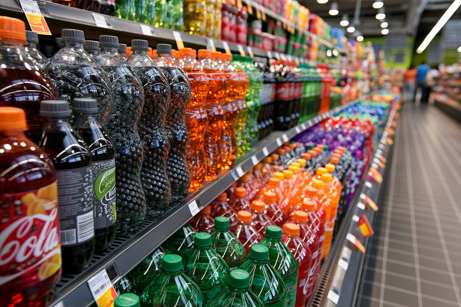 Spilgti apgaismotā Vācijas lielveikala ejā rindas ar krāsainām bezalkoholisko dzērienu pudelēm - produkti, uz kuriem attiektos plānotais cukura nodoklis.