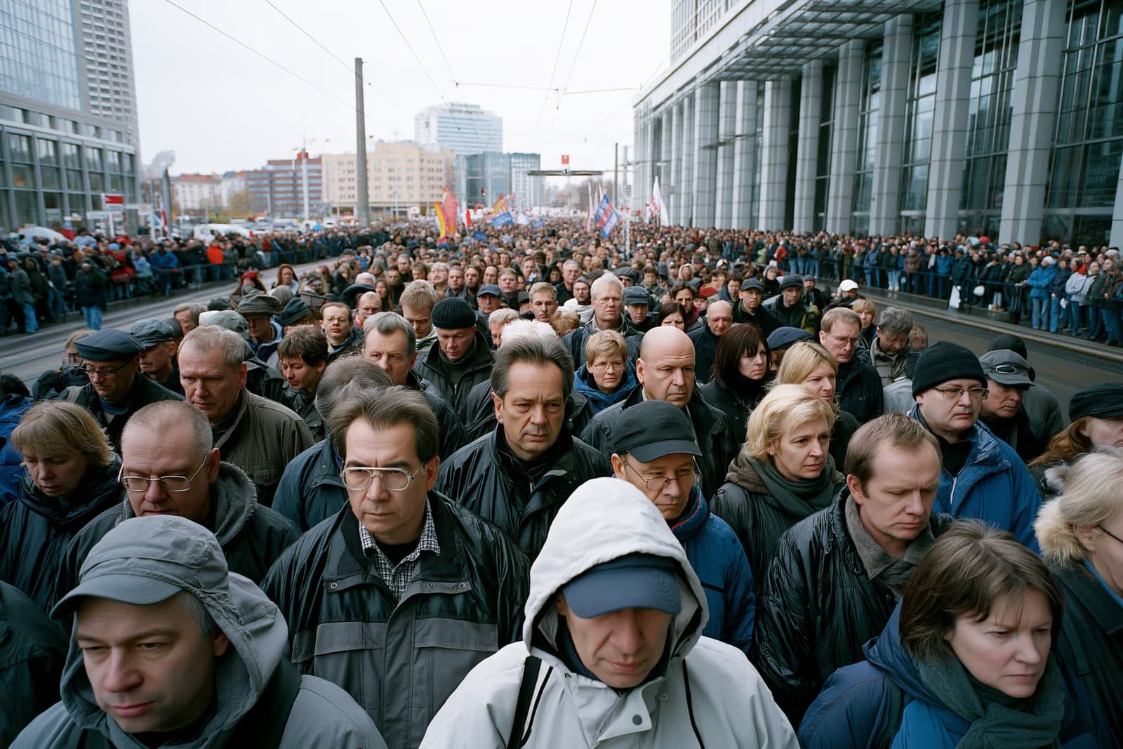 Liels demonstrantu pūlis piepilda pilsētas ielu apmācies dienā kādā Vācijas austrumu pilsētā.