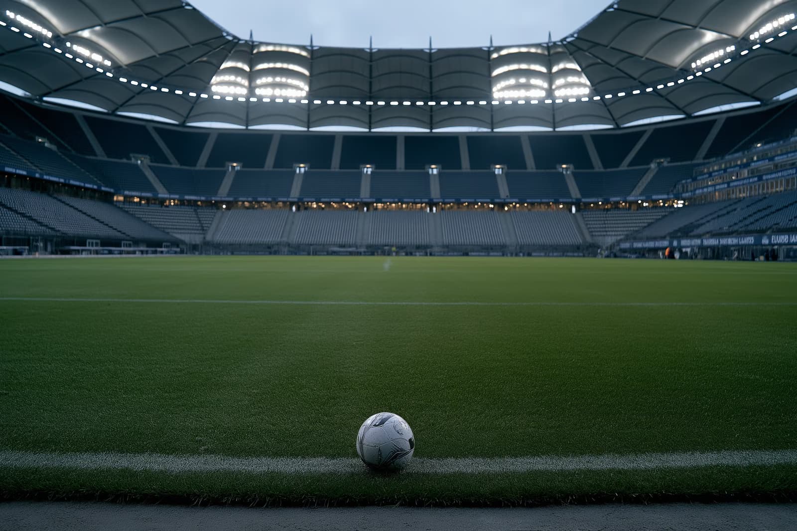 Tukšs Hamburgas futbola stadions krēslā ar ieslēgtiem prožektoriem un vientuļu bumbu centrālajā laukumā pēc tam, kad Vuskovičs pamet HSV.