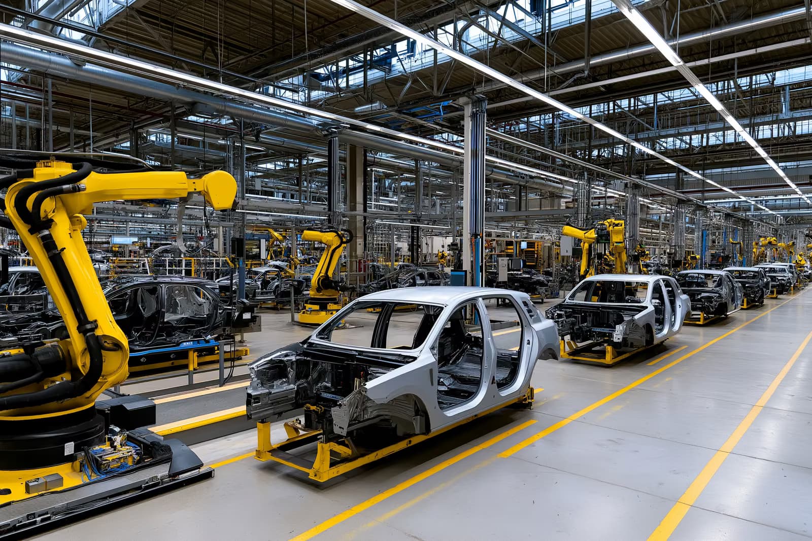 Liela automašīnu rūpnīcas montāžas zāle ar robotizētām rokām un daļēji saliktiem transportlīdzekļiem.