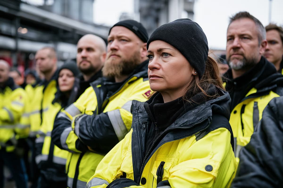 Rūpnīcas strādnieki atstarojošās vestēs pulcējās pie rūpniecības uzņēmuma.