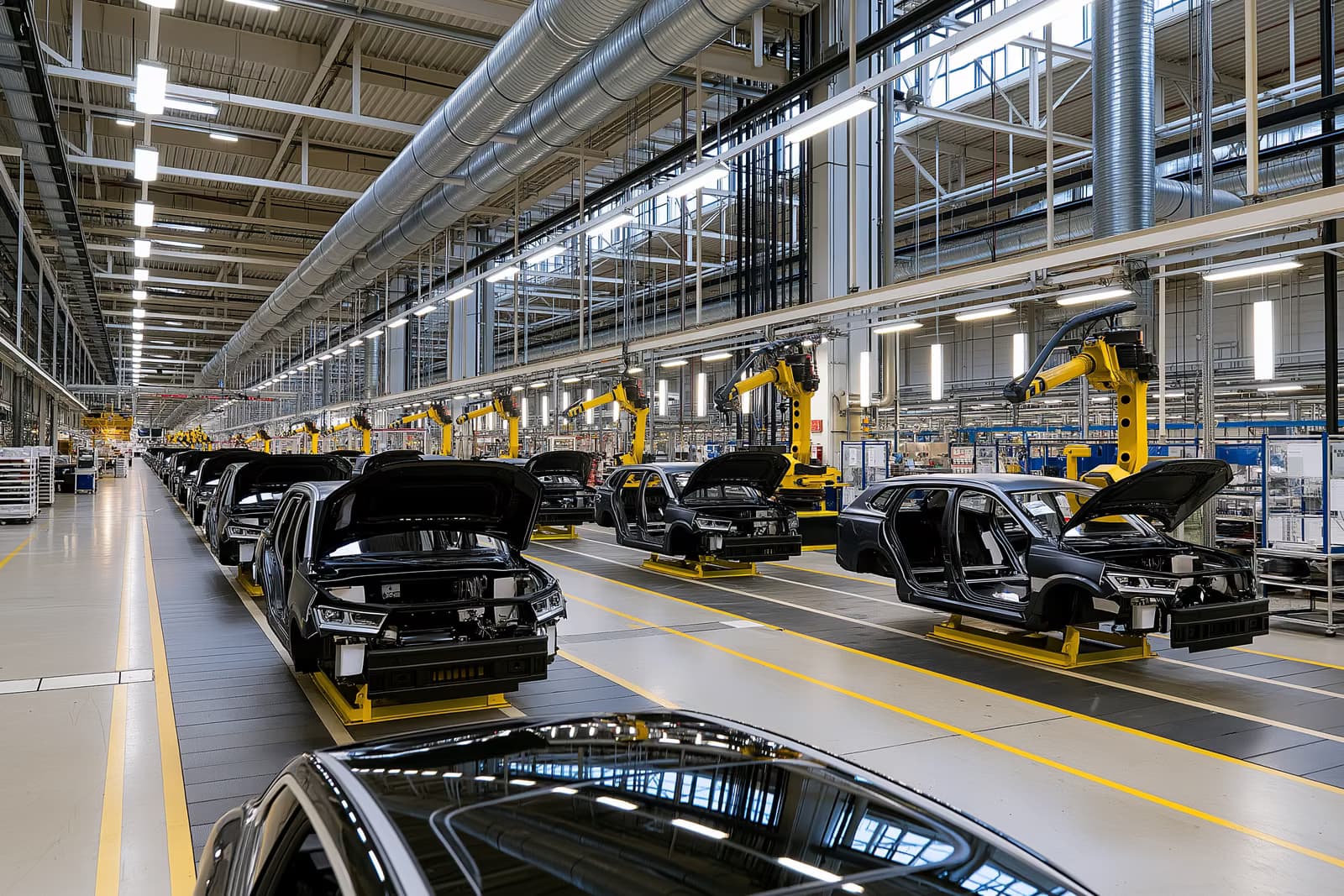Robotizētas rokas apstājas virs nepabeigtām automašīnu virsbūvēm Volkswagen montāžas līnijā, turpinoties strīdam par VW rūpnīcu slēgšanu.