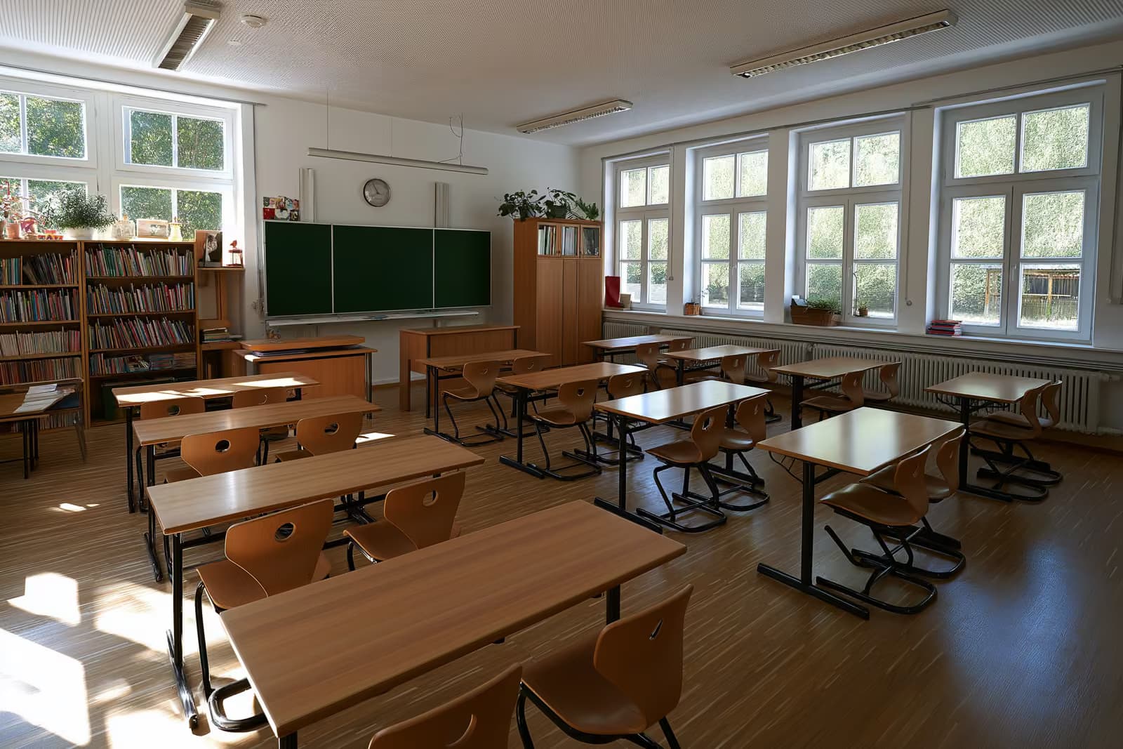 Gaiša, tukša vācu valodas sākumskolas klase ar maziem koka galdiem un lasīšanas stūrīti siltā pēcpusdienas gaismā.