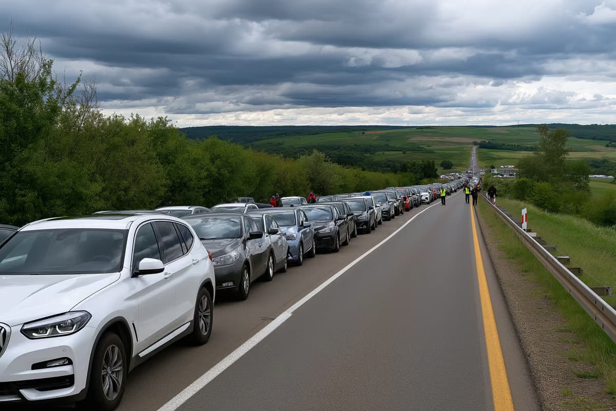 Automašīnas lēnām rindā stāv garām pagaidu kontrolpunktam uz lauku ceļa netālu no Bavārijas robežas zem apmākušās debess.