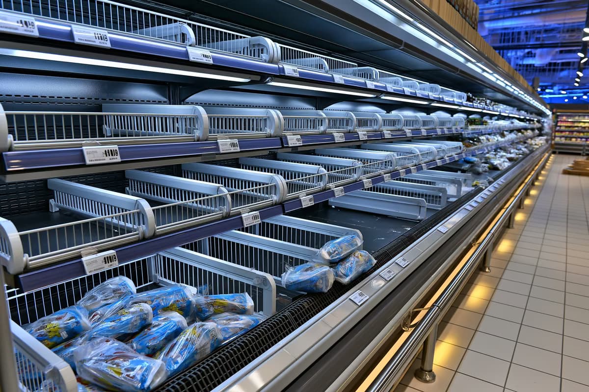 Tukšs ledusskapja plaukts lielveikalā ar dažiem atlikušajiem iepakojumiem pēc desu atsaukšanas Vācijā.