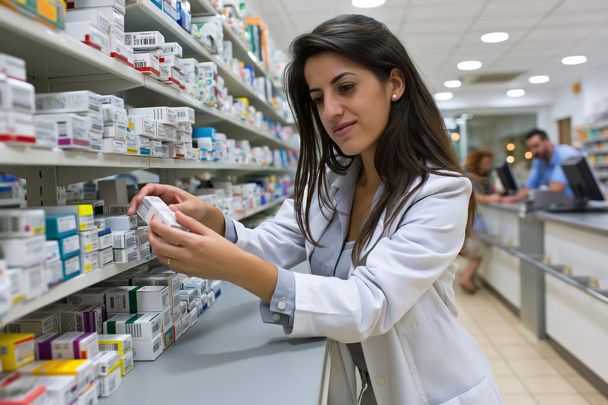 Farmaceits kārto zāļu kastītes plauktā aiz letes gaišā vācu aptiekā.